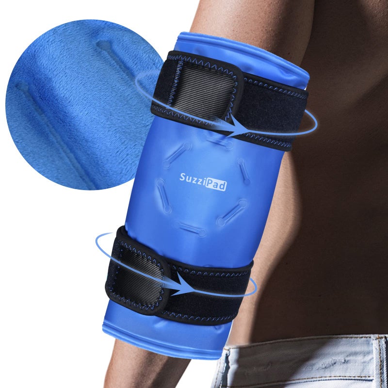 SuzziPad Elbow Ice Pack Wrap Wearable Cold Compression Sleeve for Elbow Forearm Reusable Ice Pack for Tennis Golf Recovery Blue